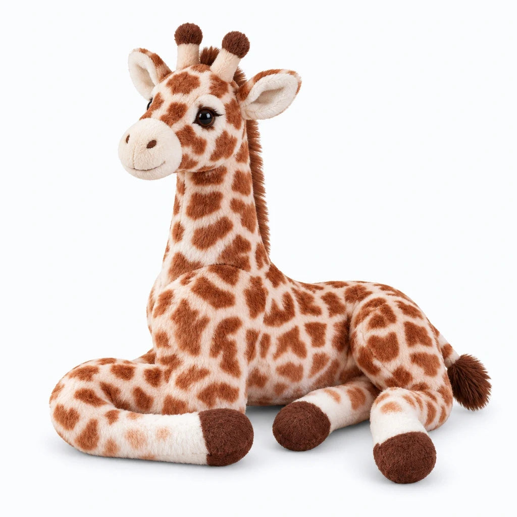 Peluches girafes empilées montrant la texture douce et les couleurs chaudes