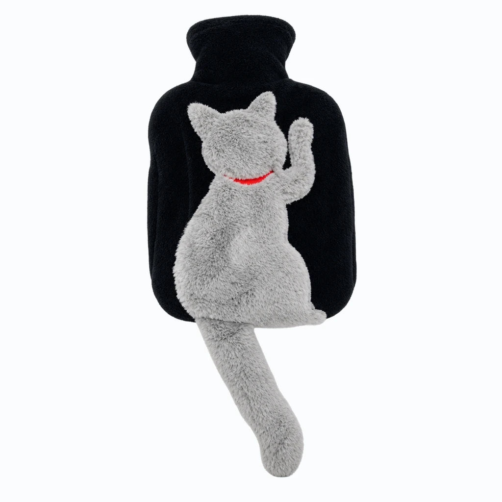 Bouillotte peluche chat noire avec silhouette de queue, housse douce amovible