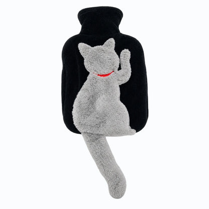 Bouillotte peluche chat noire avec silhouette de queue, housse douce amovible