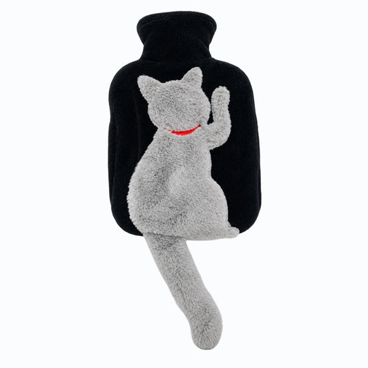 Bouillotte peluche chat noire avec silhouette de queue, housse douce amovible