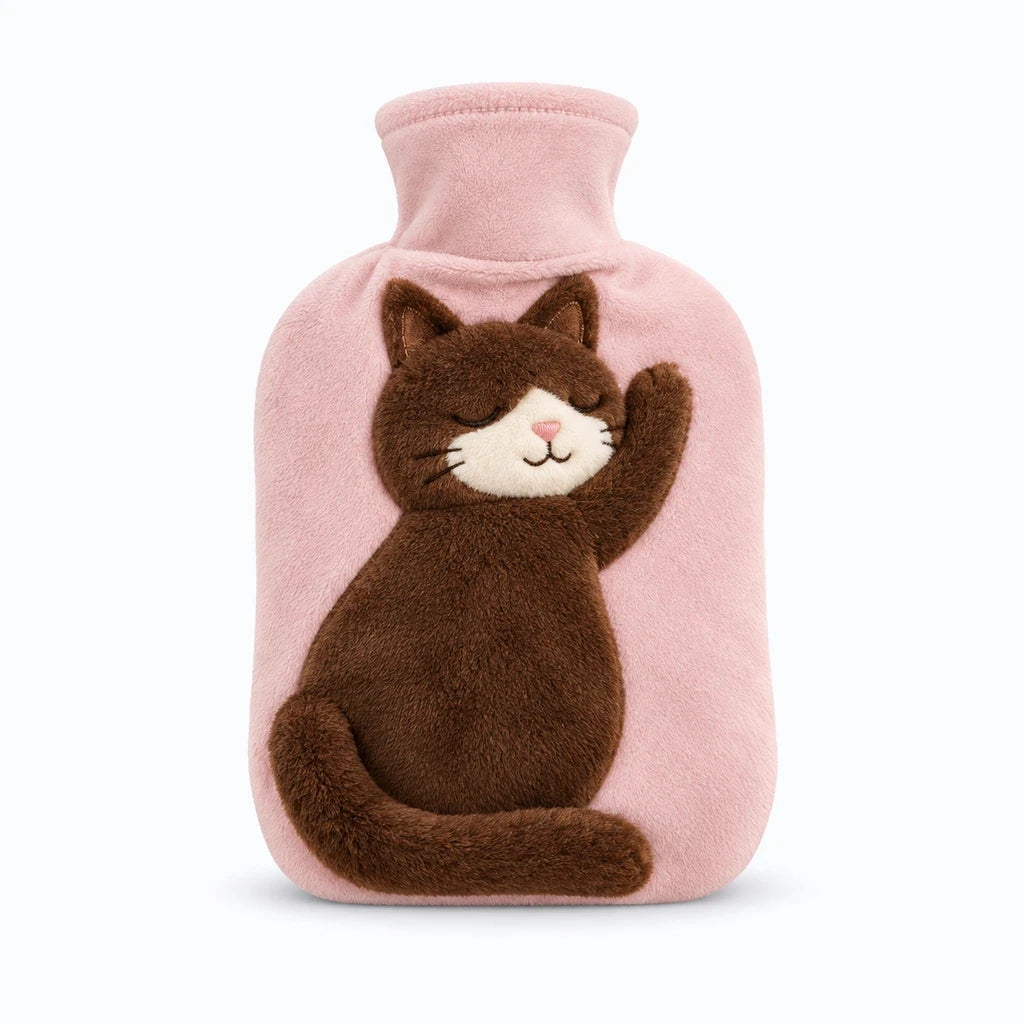 Peluche bouillotte chat posée sur canapé pour diffuser chaleur douce