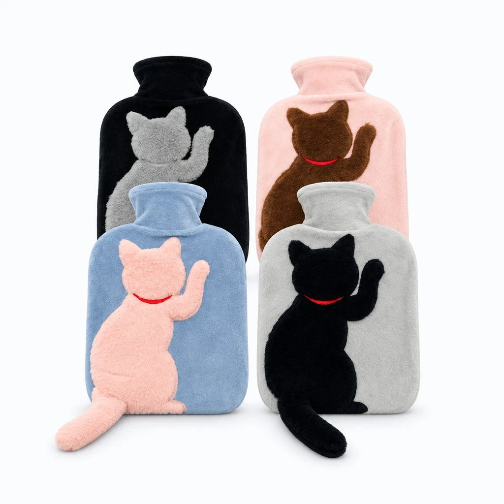 Peluche bouillotte chat avec queue apaisante, prête pour soirée fraîche