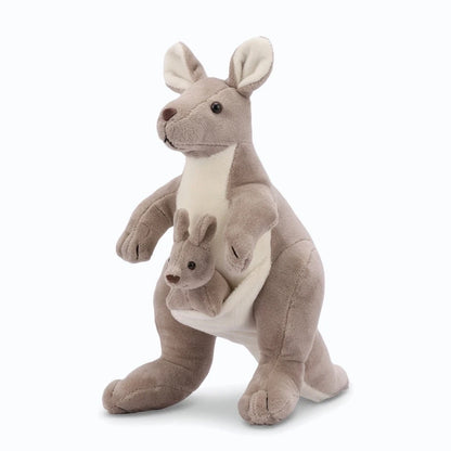 Doudou bébé naissance gris avec mère kangourou et son petit dans sa poche
