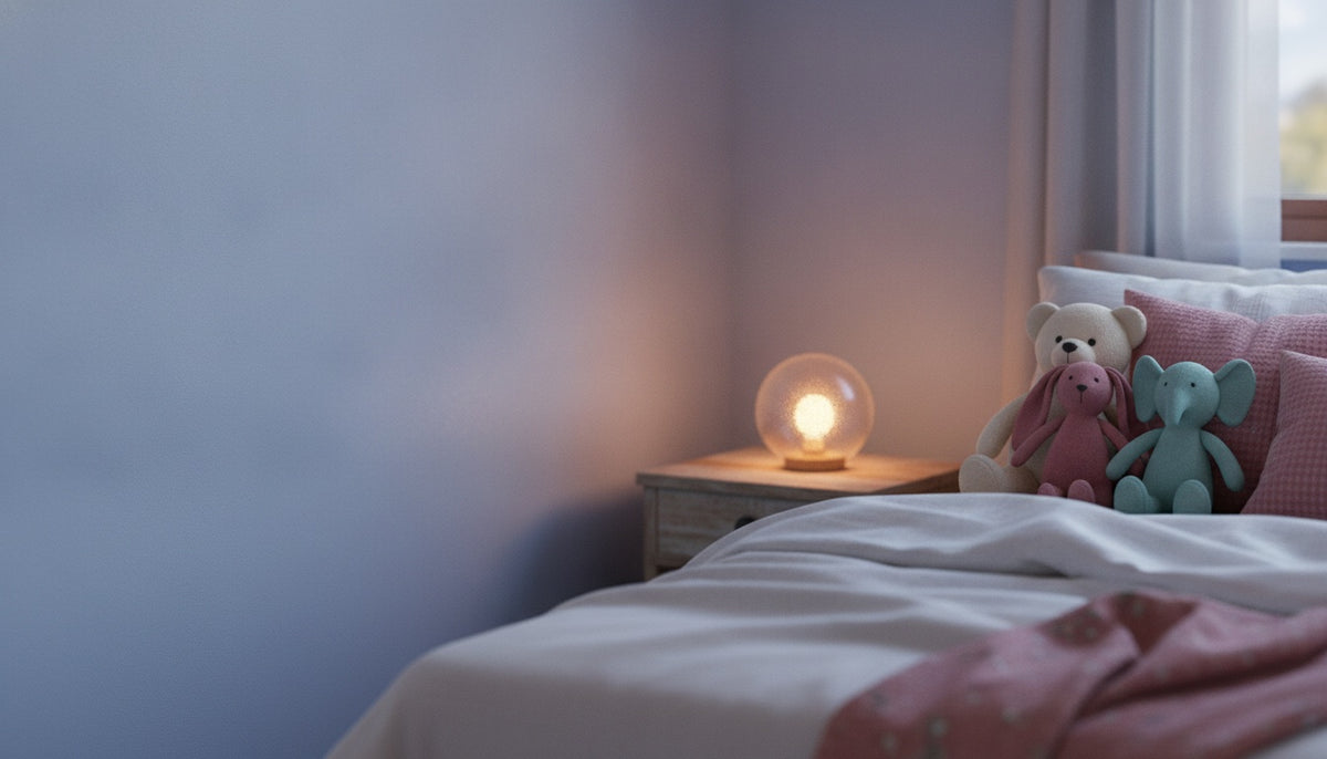 Peluches posées sur un lit aux draps clairs, près d'une veilleuse allumée, dans une chambre au crépuscule.