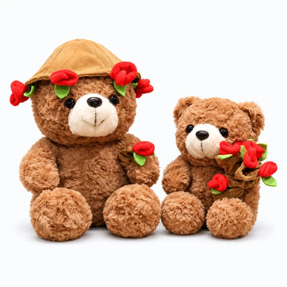 Doudou ourson marron assis avec broderie florale rouge et cœur