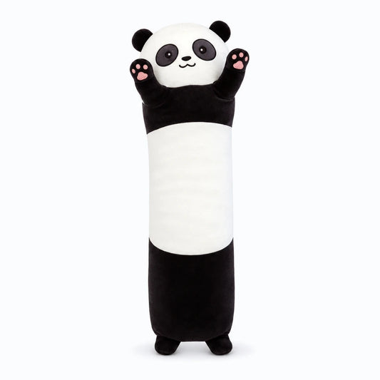 Panda géant en peluche cylindrique posé sur un lit, tissu moelleux gris et blanc