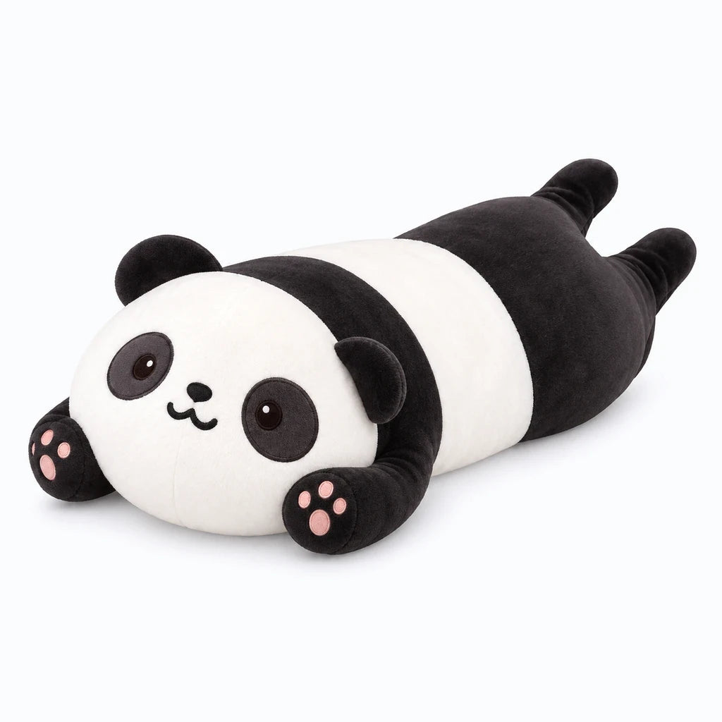 Peluche géante panda format traversin aux formes arrondies, idéale pour canapé ou sol