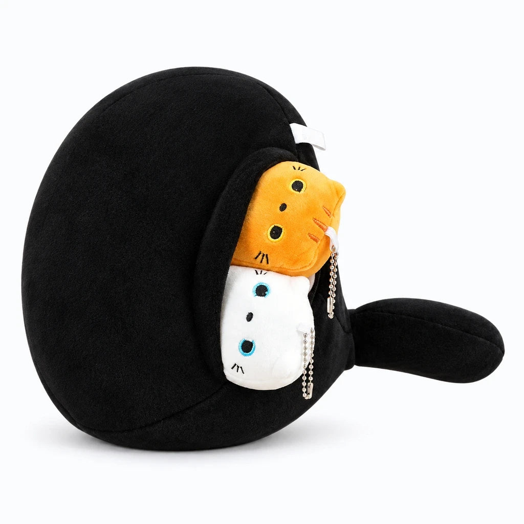 Peluche chat noir moelleux aux yeux brillants, parfaite pour câliner