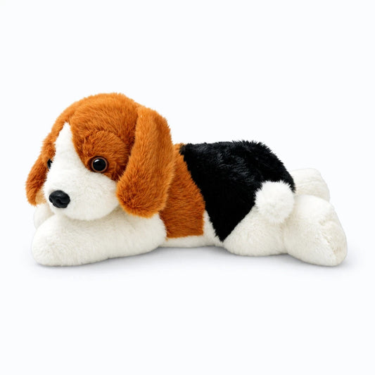 Peluche chien allongée 26 cm pelage brun et noir avec longues oreilles tombantes