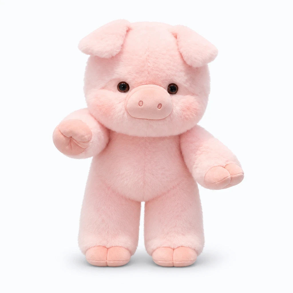 Cochon peluche marron clair assis sur un canapé gris clair