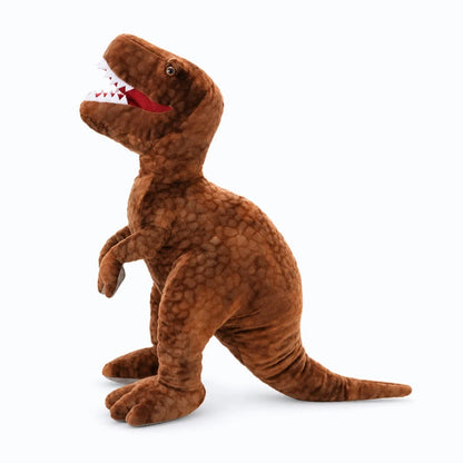 Peluche dinosaure vert et marron aux détails réalistes, gueule ouverte en position debout
