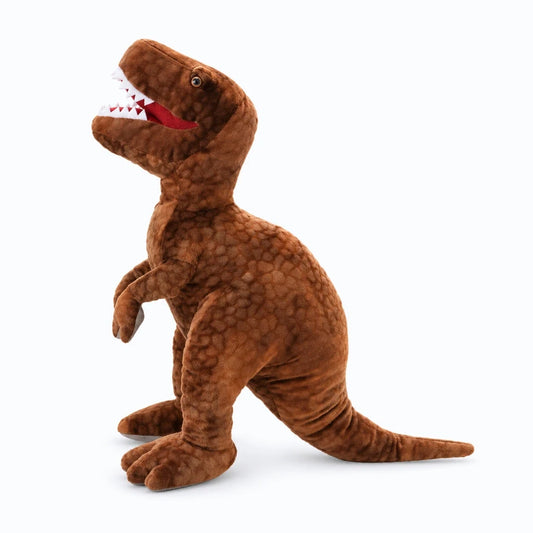 Peluche dinosaure vert et marron aux détails réalistes, gueule ouverte en position debout