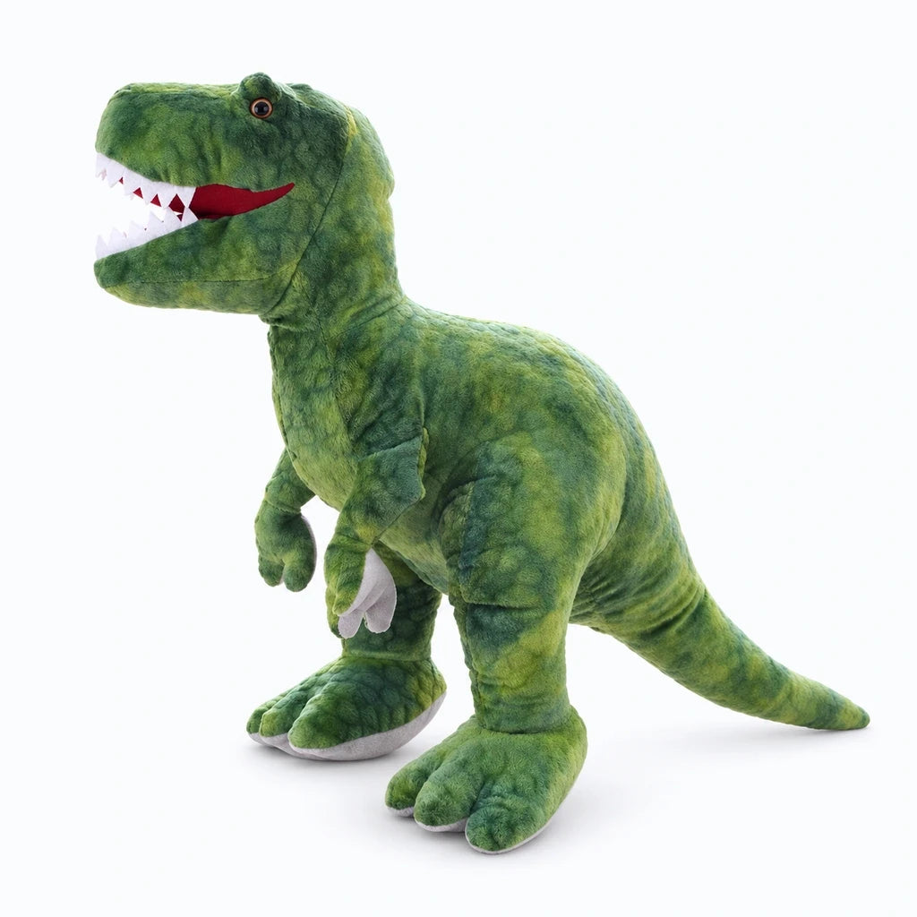 Dinosaure en peluche de grande taille dans un coin lecture, silhouette stable et bien proportionnée