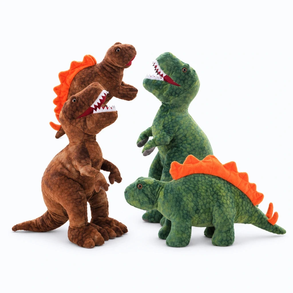 Dinosaure peluche aux dimensions généreuses, affichant présence remarquable dans une chambre d'enfant