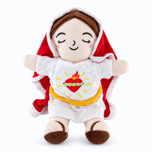 Peluche Jésus qui respire en rouge avec mouvement doux et apaisante pour l'endormissement