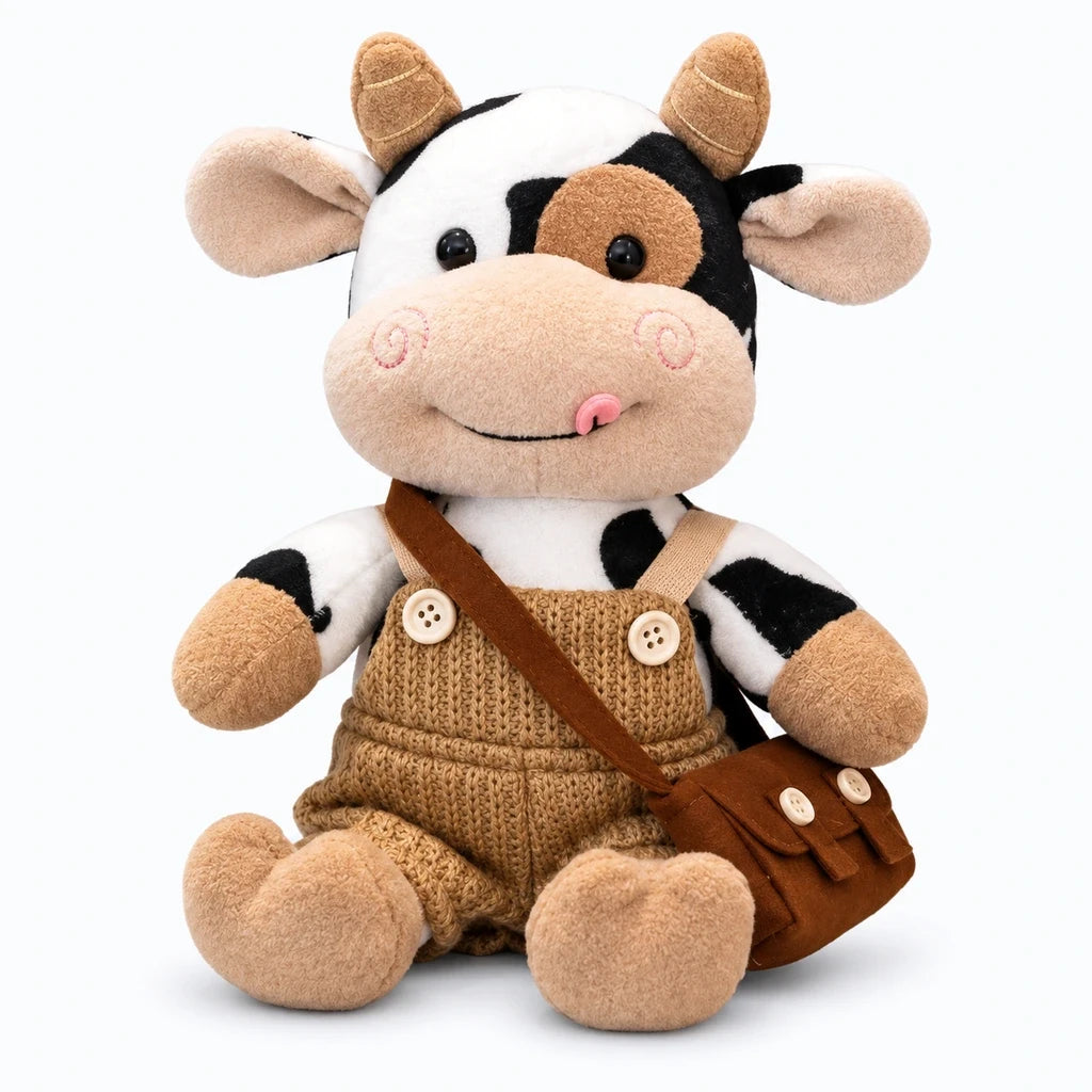 Vache en peluche allongée sur un lit, idéale pour la décoration de chambre d'enfant