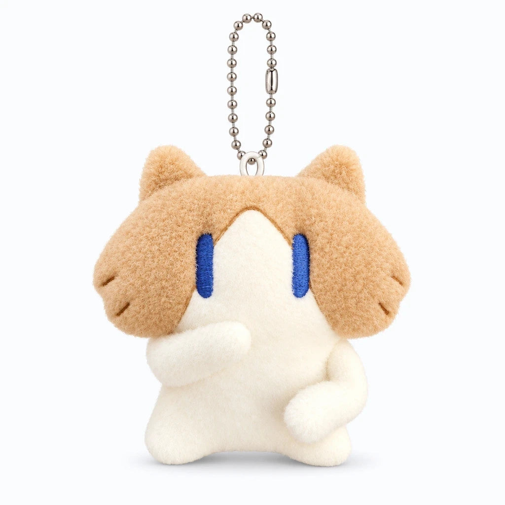 Porte clé peluche chat kawaii aux yeux expressifs, pelage moelleux gris et blanc
